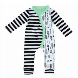 Baby Boys Black White Striped Arrow Green Snapsuit